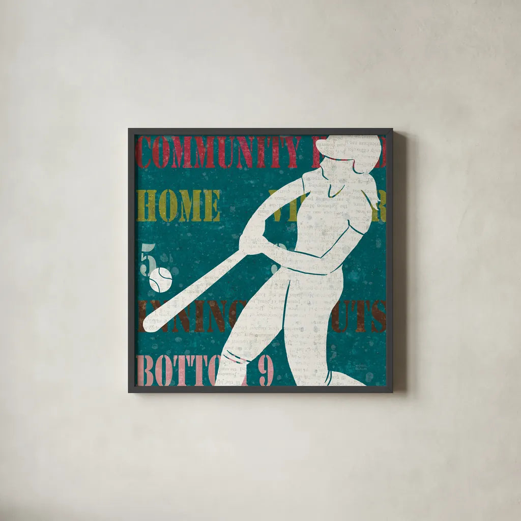 Womens Scoreboard Softball by Michael Mullan. Shown in a sleek black glass frame for a contemporary gallery look. Available as an archival giclee rolled canvas, fine art paper, or poster print. SKU 50806a.