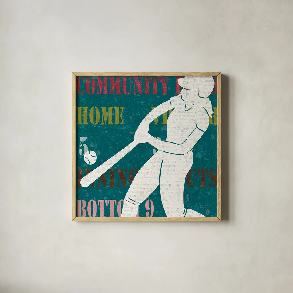 Womens Scoreboard Softball by Michael Mullan. Shown in a natural wood glass frame for a timeless modern aesthetic. Available as an archival giclee rolled canvas, fine art paper, or poster print. SKU 50806a.