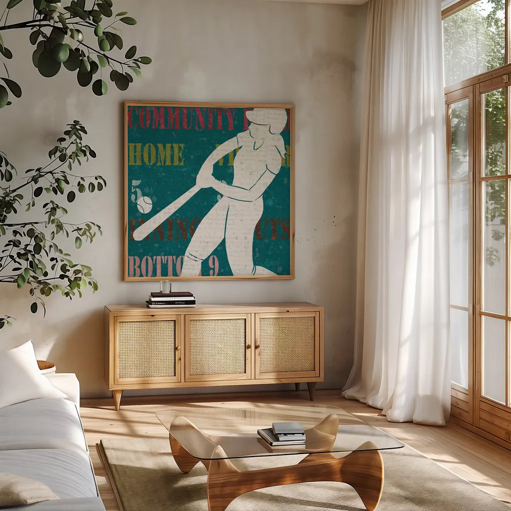 Womens Scoreboard Softball by Michael Mullan. Shown in a natural wood frame in a cozy modern living room. Available as an archival giclee rolled canvas, fine art paper, or poster print. SKU 50806a.