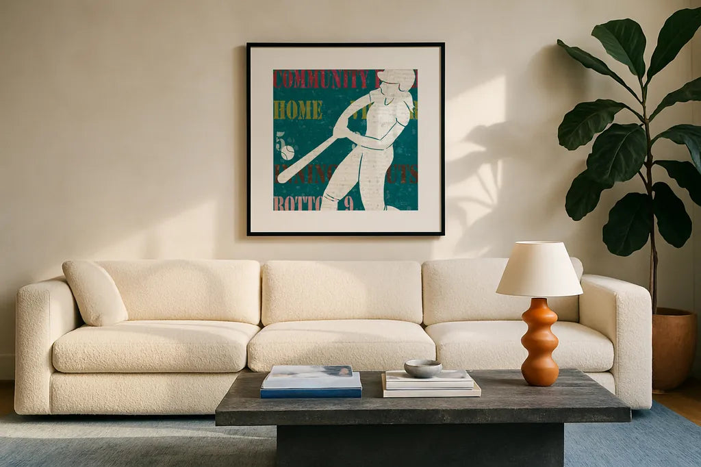 Womens Scoreboard Softball by Michael Mullan. Displayed in a glass frame with matte in a clean modern living room. Available as an archival giclee rolled canvas, fine art paper, or poster print. SKU 50806a.
