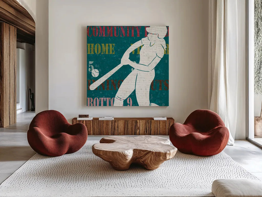 Womens Scoreboard Softball by Michael Mullan. Shown as extra-large giant wall art in a modern living room. Available as an archival giclee rolled canvas, fine art paper, or poster print. SKU 50806a.