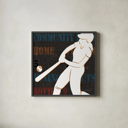 Womens Scoreboard Softball v2 by Michael Mullan. Shown in a sleek black glass frame for a contemporary gallery look. Available as an archival giclee rolled canvas, fine art paper, or poster print. SKU 98249a.