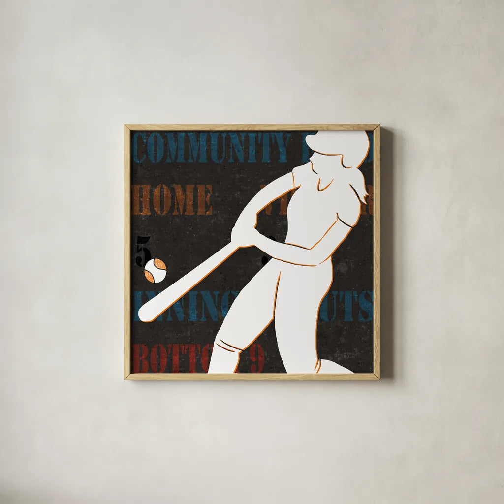 Womens Scoreboard Softball v2 by Michael Mullan. Shown in a natural wood glass frame for a timeless modern aesthetic. Available as an archival giclee rolled canvas, fine art paper, or poster print. SKU 98249a.