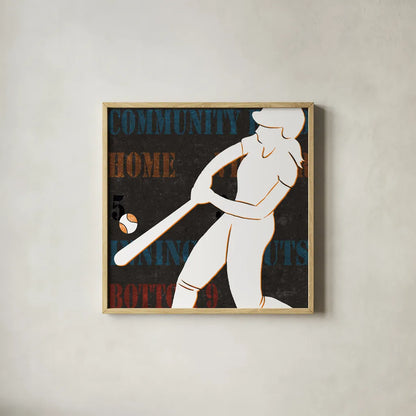 Womens Scoreboard Softball v2 by Michael Mullan. Shown in a natural wood glass frame for a timeless modern aesthetic. Available as an archival giclee rolled canvas, fine art paper, or poster print. SKU 98249a.