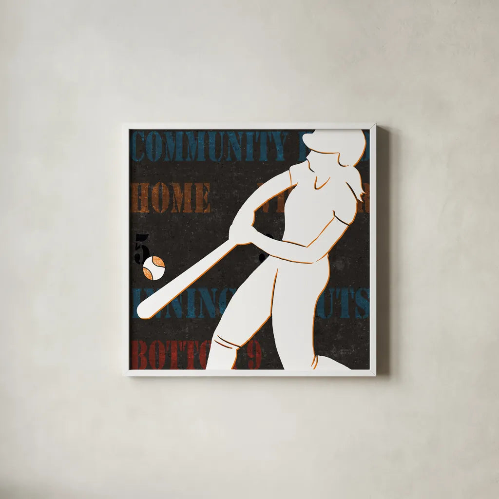 Womens Scoreboard Softball v2 by Michael Mullan. Shown in a crisp white glass frame for a clean and minimalist style. Available as an archival giclee rolled canvas, fine art paper, or poster print. SKU 98249a.