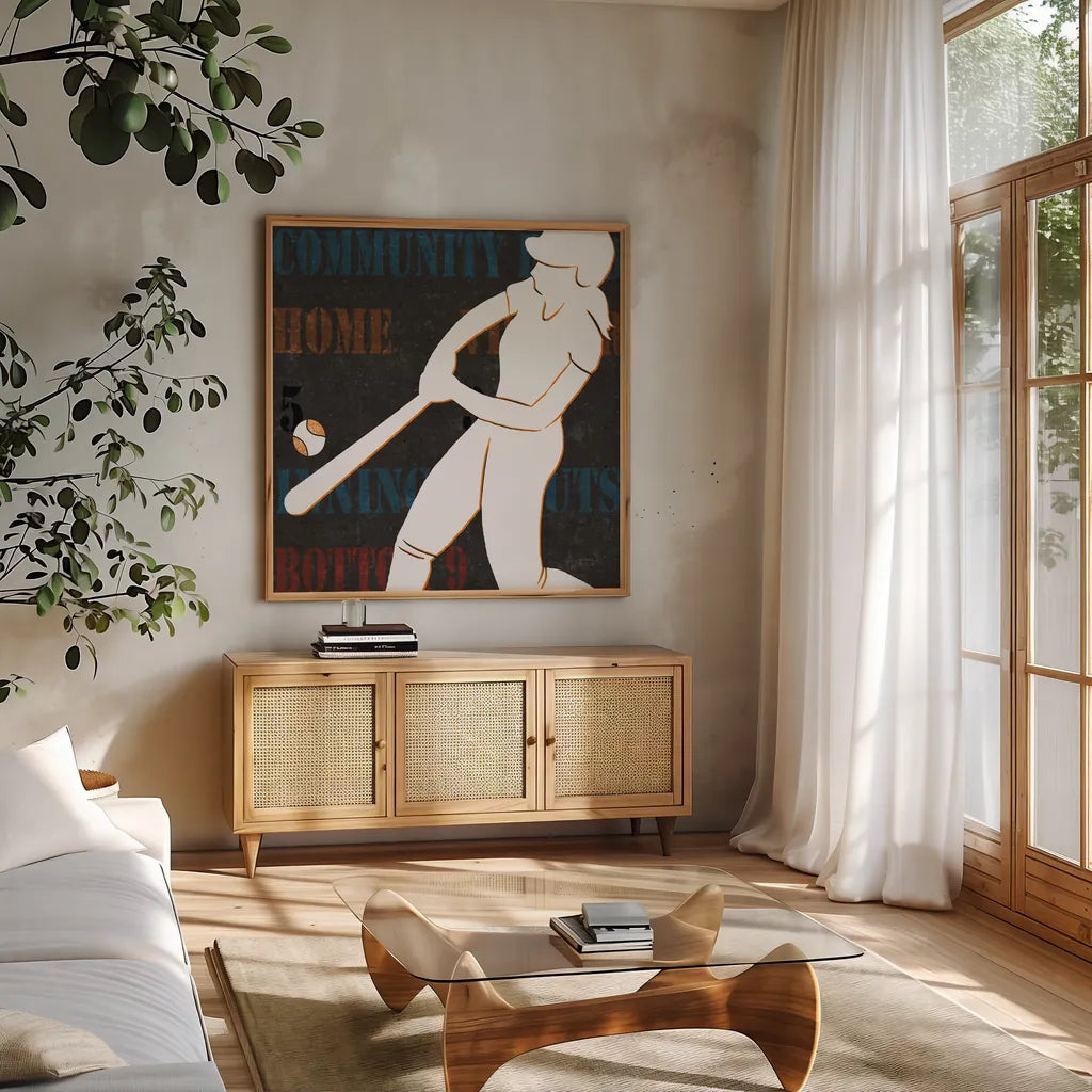 Womens Scoreboard Softball v2 by Michael Mullan. Shown in a natural wood frame in a cozy modern living room. Available as an archival giclee rolled canvas, fine art paper, or poster print. SKU 98249a.