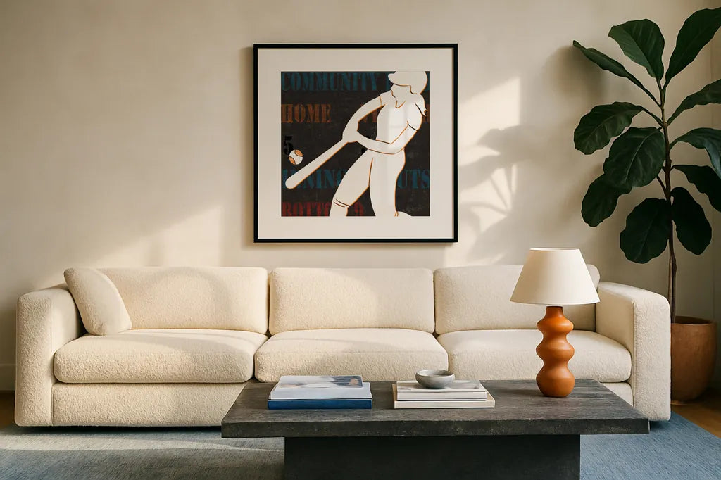 Womens Scoreboard Softball v2 by Michael Mullan. Displayed in a glass frame with matte in a clean modern living room. Available as an archival giclee rolled canvas, fine art paper, or poster print. SKU 98249a.