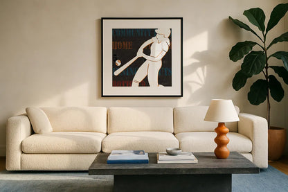 Womens Scoreboard Softball v2 by Michael Mullan. Displayed in a glass frame with matte in a clean modern living room. Available as an archival giclee rolled canvas, fine art paper, or poster print. SKU 98249a.