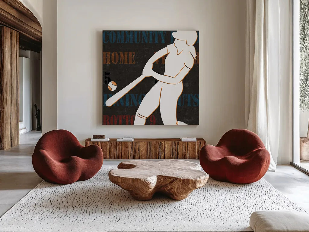 Womens Scoreboard Softball v2 by Michael Mullan. Shown as extra-large giant wall art in a modern living room. Available as an archival giclee rolled canvas, fine art paper, or poster print. SKU 98249a.