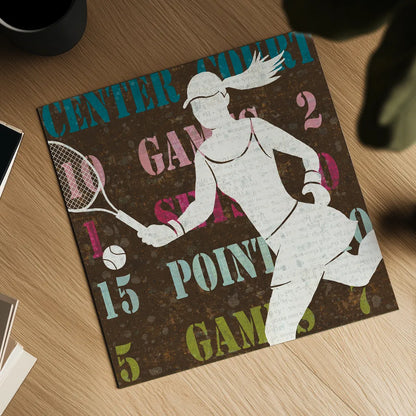 Womens Scoreboard Tennis by Michael Mullan. Shown as a detailed flat fine art print, highlighting archival giclee quality. Available as an archival giclee rolled canvas, fine art paper, or poster print. SKU 50807a.