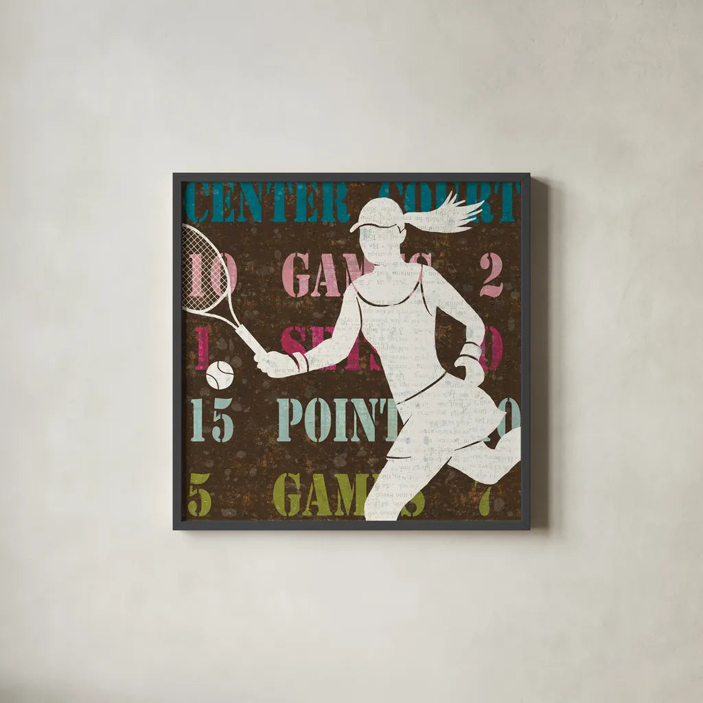 Womens Scoreboard Tennis by Michael Mullan. Shown in a sleek black glass frame for a contemporary gallery look. Available as an archival giclee rolled canvas, fine art paper, or poster print. SKU 50807a.