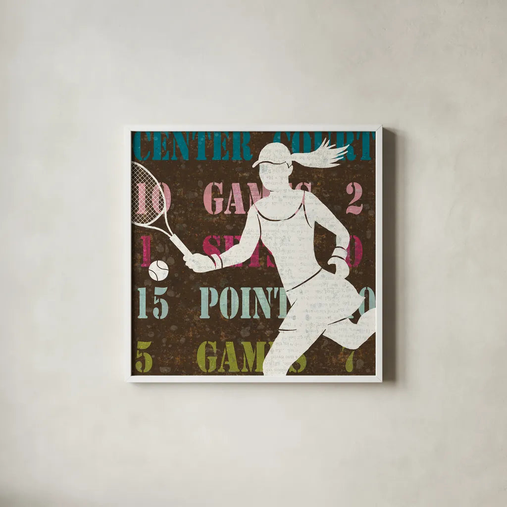Womens Scoreboard Tennis by Michael Mullan. Shown in a crisp white glass frame for a clean and minimalist style. Available as an archival giclee rolled canvas, fine art paper, or poster print. SKU 50807a.