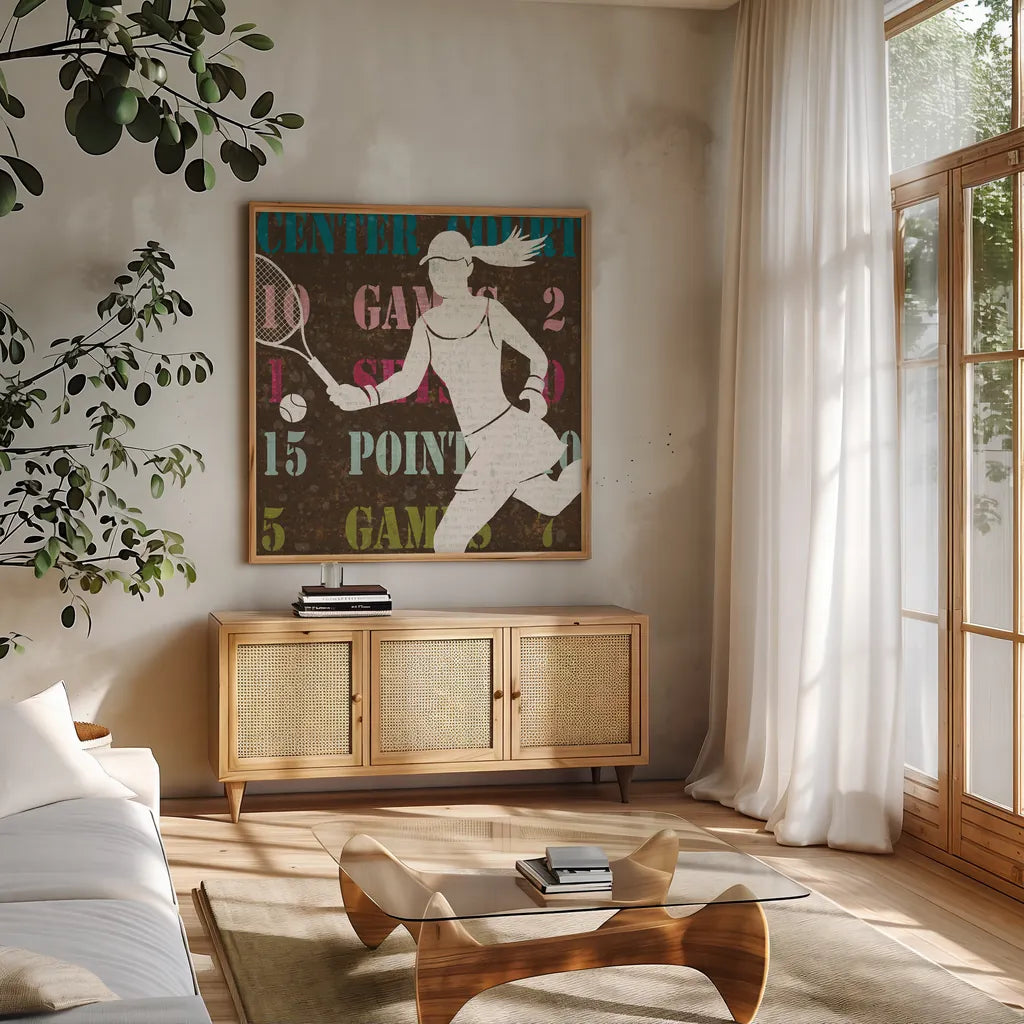 Womens Scoreboard Tennis by Michael Mullan. Shown in a natural wood frame in a cozy modern living room. Available as an archival giclee rolled canvas, fine art paper, or poster print. SKU 50807a.