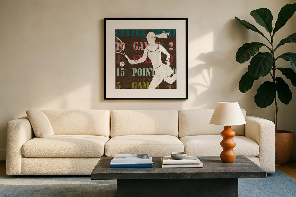 Womens Scoreboard Tennis by Michael Mullan. Displayed in a glass frame with matte in a clean modern living room. Available as an archival giclee rolled canvas, fine art paper, or poster print. SKU 50807a.