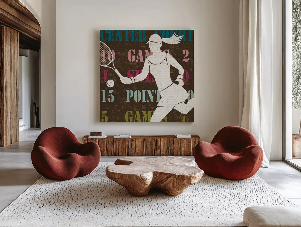 Womens Scoreboard Tennis by Michael Mullan. Shown as extra-large giant wall art in a modern living room. Available as an archival giclee rolled canvas, fine art paper, or poster print. SKU 50807a.