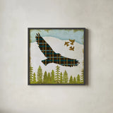 Woodland Dweller Eagle by Michael Mullan. Shown in a sleek black glass frame for a contemporary gallery look. Available as an archival giclee rolled canvas, fine art paper, or poster print. SKU 41748a.