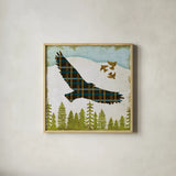 Woodland Dweller Eagle by Michael Mullan. Shown in a natural wood glass frame for a timeless modern aesthetic. Available as an archival giclee rolled canvas, fine art paper, or poster print. SKU 41748a.