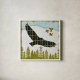 Woodland Dweller Eagle by Michael Mullan. Shown in a crisp white glass frame for a clean and minimalist style. Available as an archival giclee rolled canvas, fine art paper, or poster print. SKU 41748a.