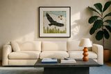 Woodland Dweller Eagle by Michael Mullan. Displayed in a glass frame with matte in a clean modern living room. Available as an archival giclee rolled canvas, fine art paper, or poster print. SKU 41748a.