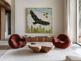 Woodland Dweller Eagle by Michael Mullan. Shown as extra-large giant wall art in a modern living room. Available as an archival giclee rolled canvas, fine art paper, or poster print. SKU 41748a.
