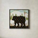 Woodland Dwellers Bear Dots by Michael Mullan. Shown in a sleek black glass frame for a contemporary gallery look. Available as an archival giclee rolled canvas, fine art paper, or poster print. SKU 50518a.