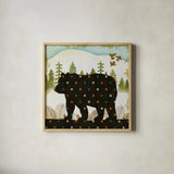 Woodland Dwellers Bear Dots by Michael Mullan. Shown in a natural wood glass frame for a timeless modern aesthetic. Available as an archival giclee rolled canvas, fine art paper, or poster print. SKU 50518a.