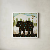Woodland Dwellers Bear Dots by Michael Mullan. Shown in a crisp white glass frame for a clean and minimalist style. Available as an archival giclee rolled canvas, fine art paper, or poster print. SKU 50518a.