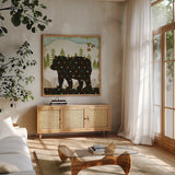 Woodland Dwellers Bear Dots by Michael Mullan. Shown in a natural wood frame in a cozy modern living room. Available as an archival giclee rolled canvas, fine art paper, or poster print. SKU 50518a.