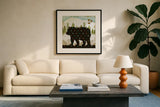 Woodland Dwellers Bear Dots by Michael Mullan. Displayed in a glass frame with matte in a clean modern living room. Available as an archival giclee rolled canvas, fine art paper, or poster print. SKU 50518a.