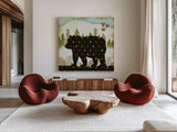 Woodland Dwellers Bear Dots by Michael Mullan. Shown as extra-large giant wall art in a modern living room. Available as an archival giclee rolled canvas, fine art paper, or poster print. SKU 50518a.