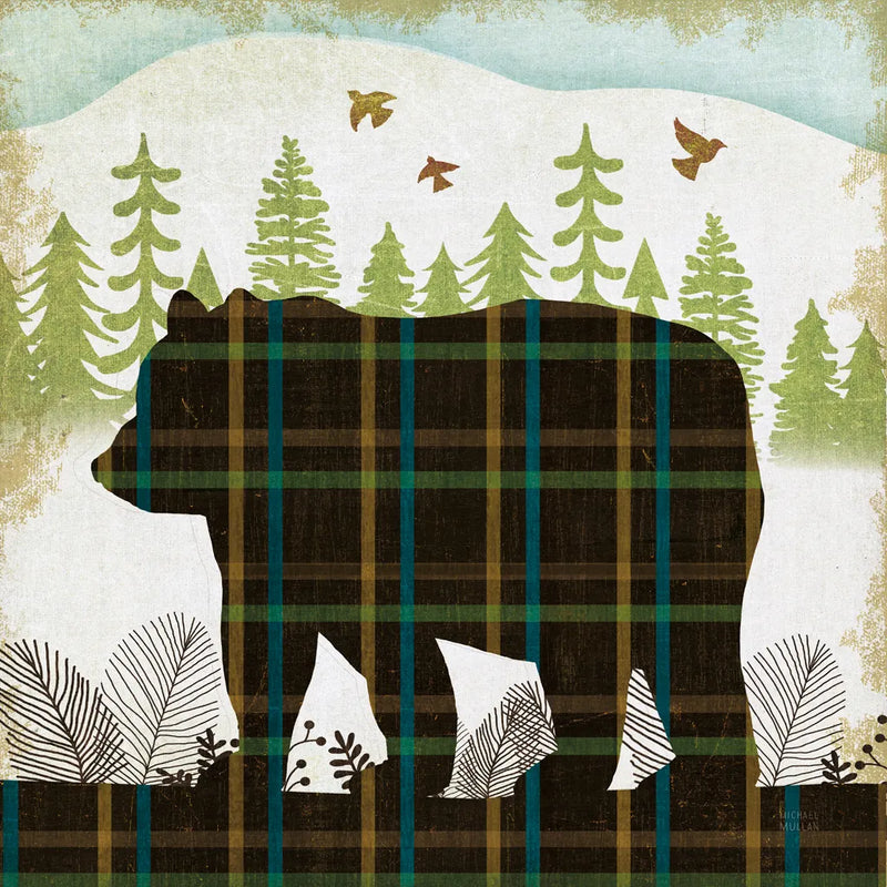 Woodland Dwellers Bear Plaid by Michael Mullan. SKU 41745a. Archival Giclee Fine art print for wall decor.