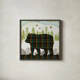 Woodland Dwellers Bear Plaid by Michael Mullan. Shown in a sleek black glass frame for a contemporary gallery look. Available as an archival giclee rolled canvas, fine art paper, or poster print. SKU 41745a.