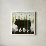 Woodland Dwellers Bear Plaid by Michael Mullan. Shown in a crisp white glass frame for a clean and minimalist style. Available as an archival giclee rolled canvas, fine art paper, or poster print. SKU 41745a.
