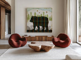 Woodland Dwellers Bear Plaid by Michael Mullan. Shown as extra-large giant wall art in a modern living room. Available as an archival giclee rolled canvas, fine art paper, or poster print. SKU 41745a.