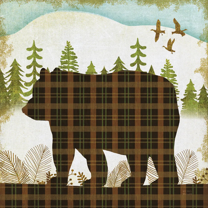 Woodland Dwellers Bear Plaid Light by Michael Mullan. SKU 41746a. Archival Giclee Fine art print for wall decor.