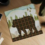 Woodland Dwellers Bear Plaid Light by Michael Mullan. Shown as a detailed flat fine art print, highlighting archival giclee quality. Available as an archival giclee rolled canvas, fine art paper, or poster print. SKU 41746a.
