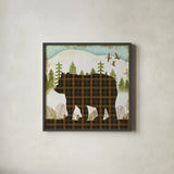 Woodland Dwellers Bear Plaid Light by Michael Mullan. Shown in a sleek black glass frame for a contemporary gallery look. Available as an archival giclee rolled canvas, fine art paper, or poster print. SKU 41746a.