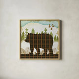 Woodland Dwellers Bear Plaid Light by Michael Mullan. Shown in a natural wood glass frame for a timeless modern aesthetic. Available as an archival giclee rolled canvas, fine art paper, or poster print. SKU 41746a.