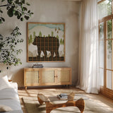 Woodland Dwellers Bear Plaid Light by Michael Mullan. Shown in a natural wood frame in a cozy modern living room. Available as an archival giclee rolled canvas, fine art paper, or poster print. SKU 41746a.
