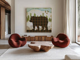 Woodland Dwellers Bear Plaid Light by Michael Mullan. Shown as extra-large giant wall art in a modern living room. Available as an archival giclee rolled canvas, fine art paper, or poster print. SKU 41746a.