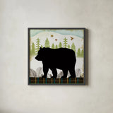 Woodland Dwellers Black Bear I Plaid by Michael Mullan. Shown in a sleek black glass frame for a contemporary gallery look. Available as an archival giclee rolled canvas, fine art paper, or poster print. SKU 50489a.