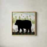 Woodland Dwellers Black Bear I Plaid by Michael Mullan. Shown in a natural wood glass frame for a timeless modern aesthetic. Available as an archival giclee rolled canvas, fine art paper, or poster print. SKU 50489a.