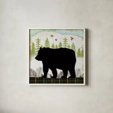 Woodland Dwellers Black Bear I Plaid by Michael Mullan. Shown in a crisp white glass frame for a clean and minimalist style. Available as an archival giclee rolled canvas, fine art paper, or poster print. SKU 50489a.