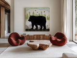 Woodland Dwellers Black Bear I Plaid by Michael Mullan. Shown as extra-large giant wall art in a modern living room. Available as an archival giclee rolled canvas, fine art paper, or poster print. SKU 50489a.