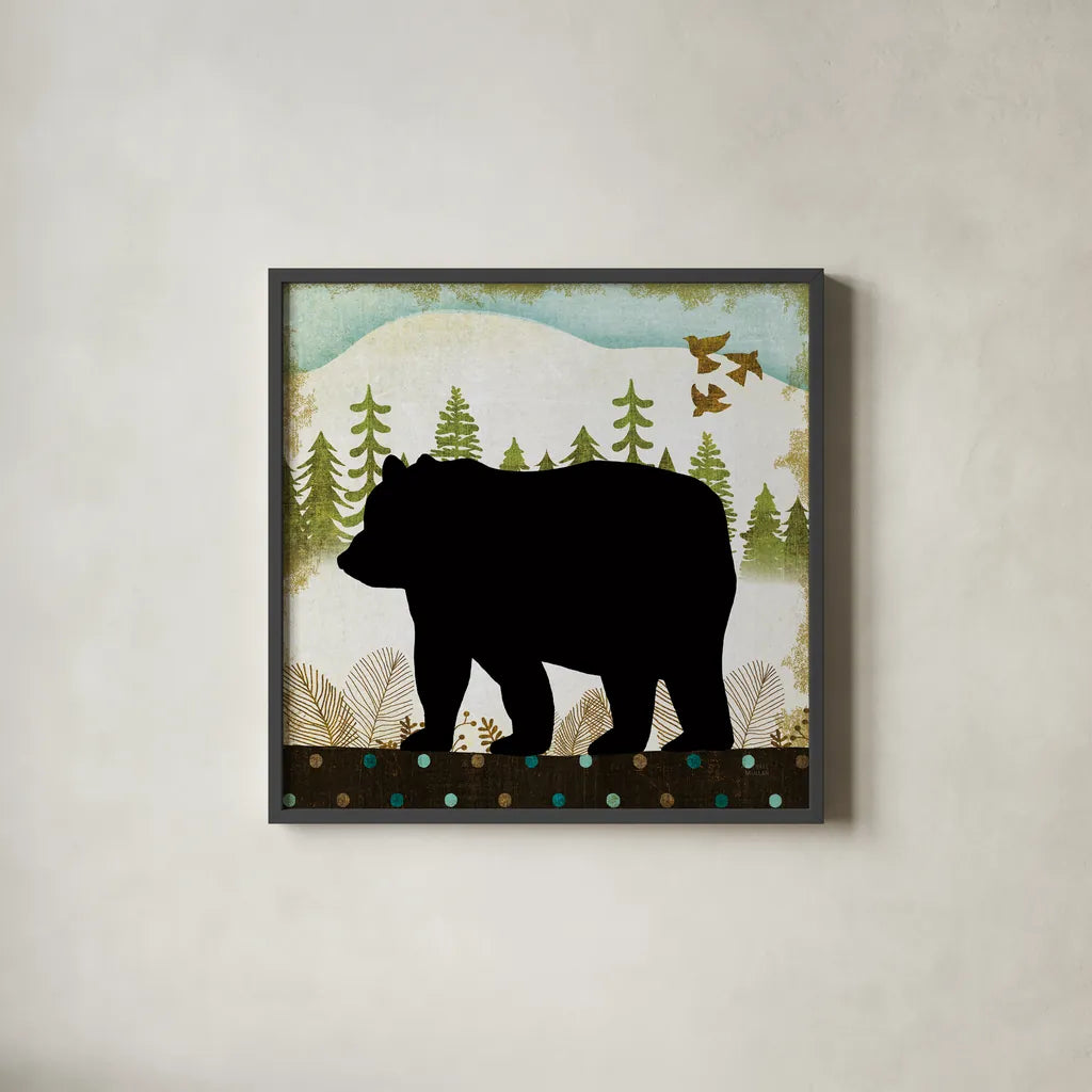 Woodland Dwellers Black Bear II Dots by Michael Mullan. Shown in a sleek black glass frame for a contemporary gallery look. Available as an archival giclee rolled canvas, fine art paper, or poster print. SKU 50490a.