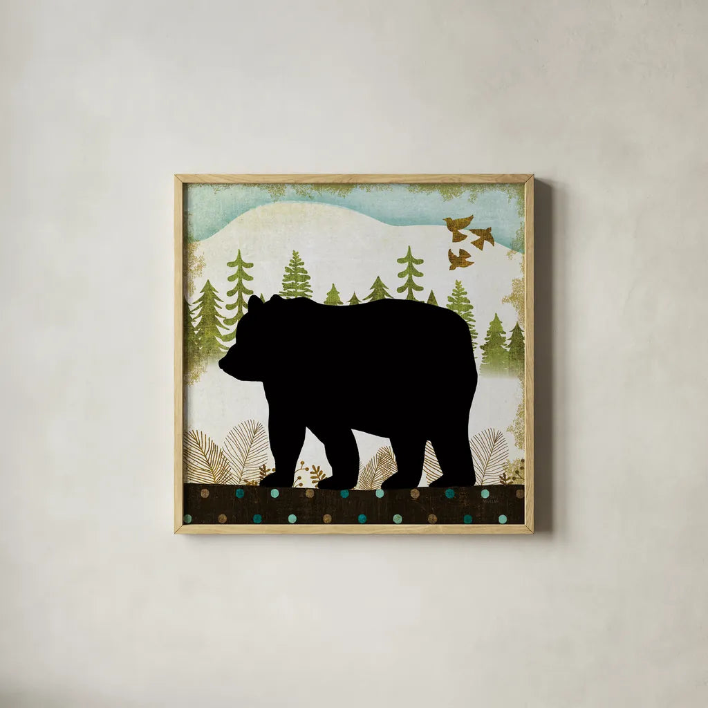 Woodland Dwellers Black Bear II Dots by Michael Mullan. Shown in a natural wood glass frame for a timeless modern aesthetic. Available as an archival giclee rolled canvas, fine art paper, or poster print. SKU 50490a.