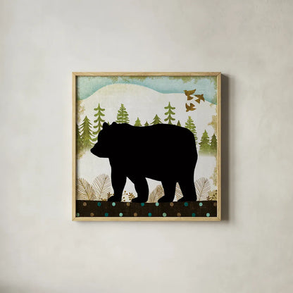 Woodland Dwellers Black Bear II Dots by Michael Mullan. Shown in a natural wood glass frame for a timeless modern aesthetic. Available as an archival giclee rolled canvas, fine art paper, or poster print. SKU 50490a.