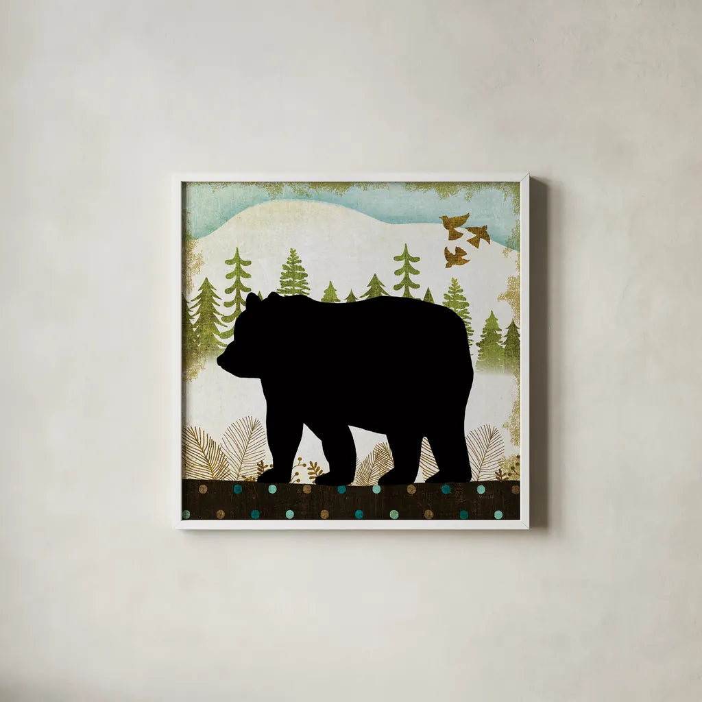 Woodland Dwellers Black Bear II Dots by Michael Mullan. Shown in a crisp white glass frame for a clean and minimalist style. Available as an archival giclee rolled canvas, fine art paper, or poster print. SKU 50490a.