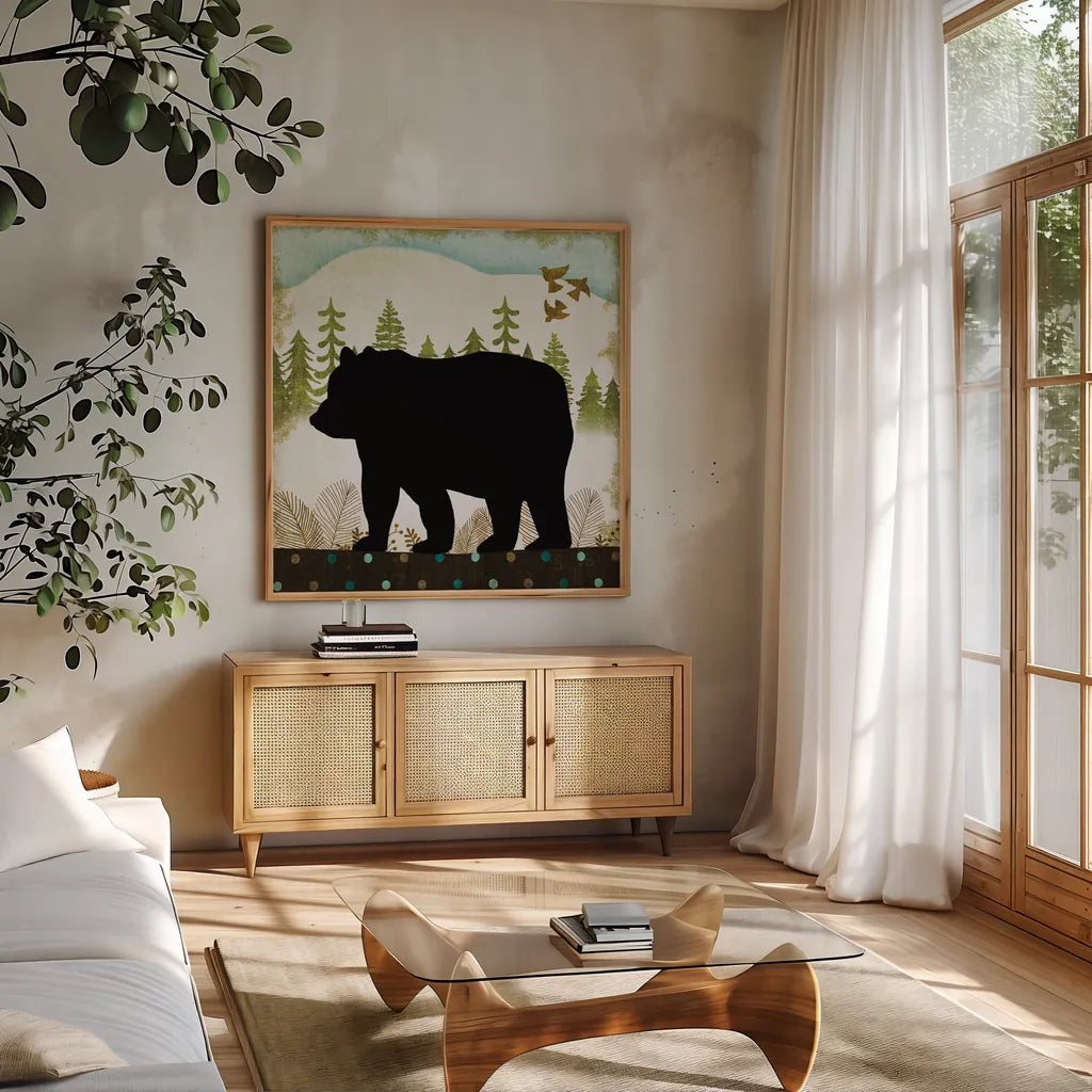 Woodland Dwellers Black Bear II Dots by Michael Mullan. Shown in a natural wood frame in a cozy modern living room. Available as an archival giclee rolled canvas, fine art paper, or poster print. SKU 50490a.
