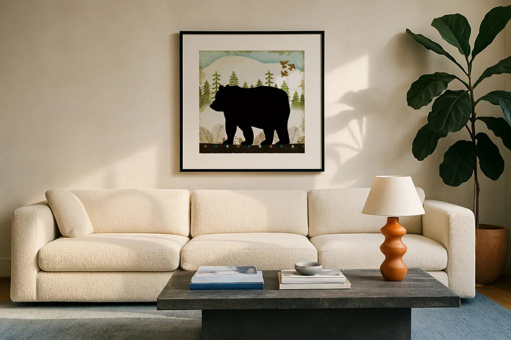 Woodland Dwellers Black Bear II Dots by Michael Mullan. Displayed in a glass frame with matte in a clean modern living room. Available as an archival giclee rolled canvas, fine art paper, or poster print. SKU 50490a.